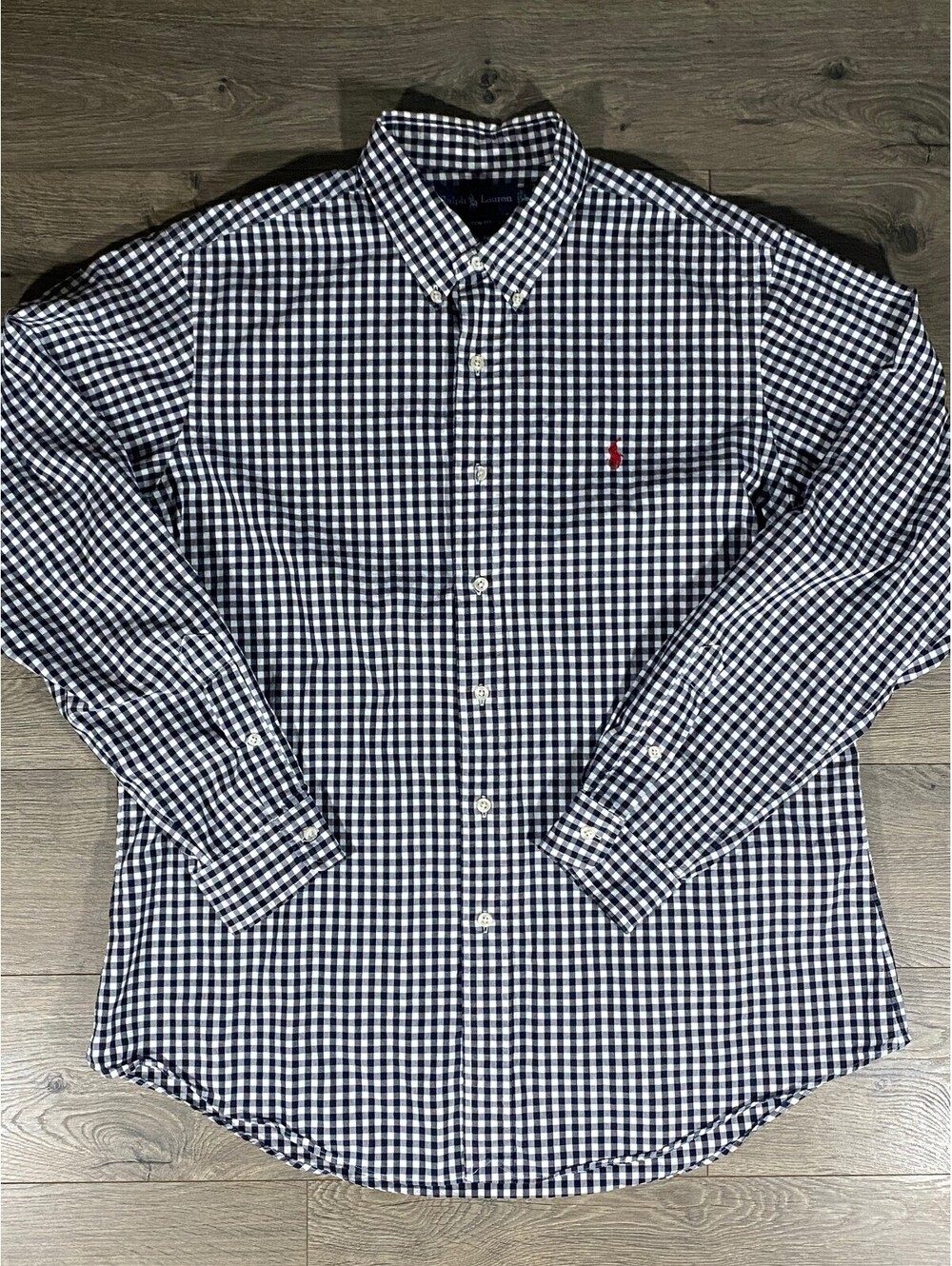Polo Ralph Lauren Men XL Custom Fit Navy White Gingham Shirt Red Pony